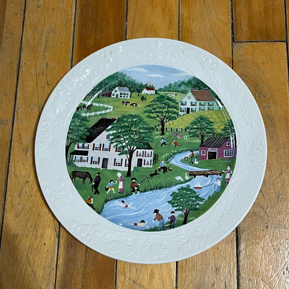 Scenic Country Village Decorative Plate in Green & White